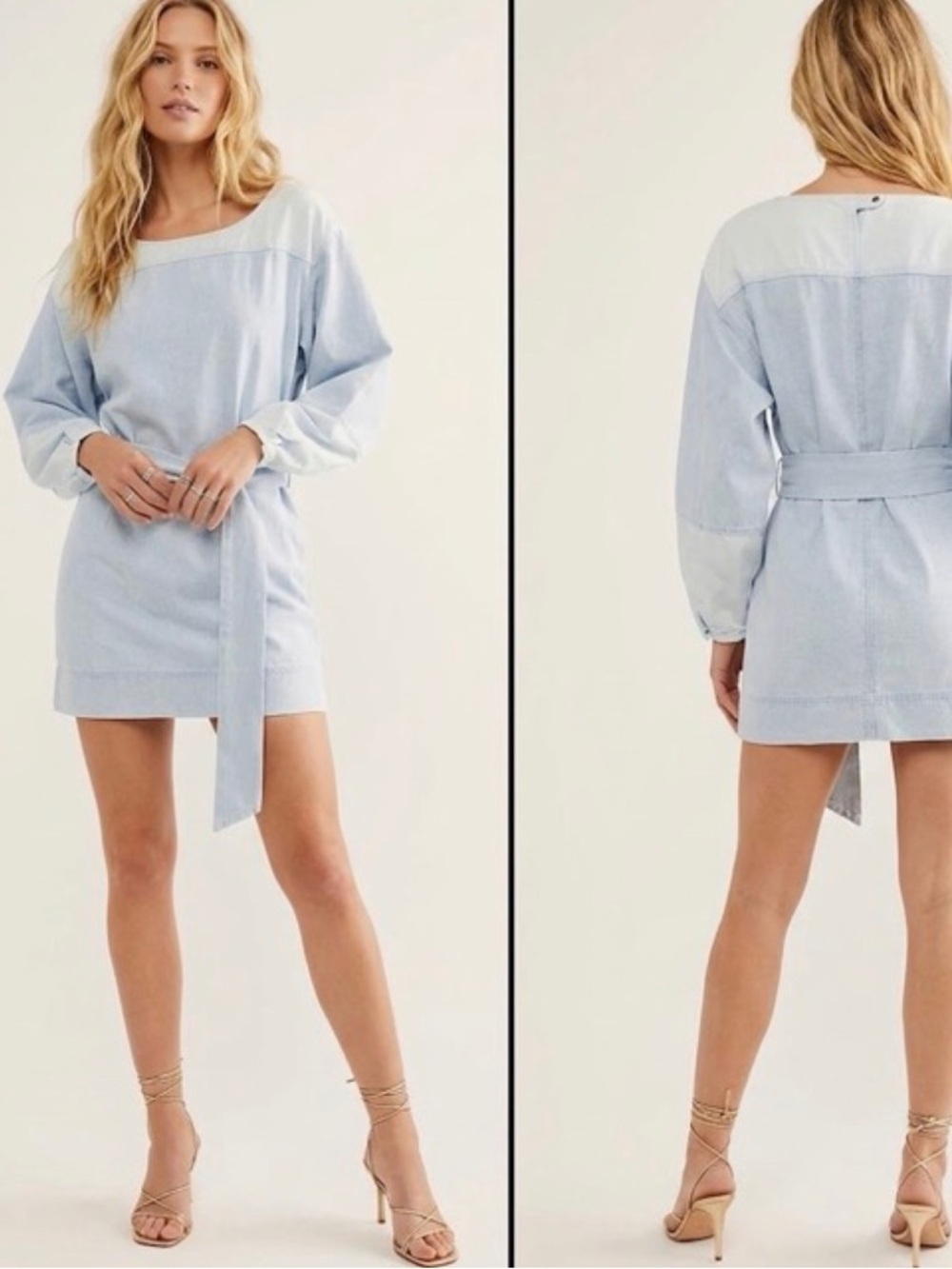 Free People Ora Denim Mini Stylish Two Toned Light Blue Belted Mini Dress Sz L